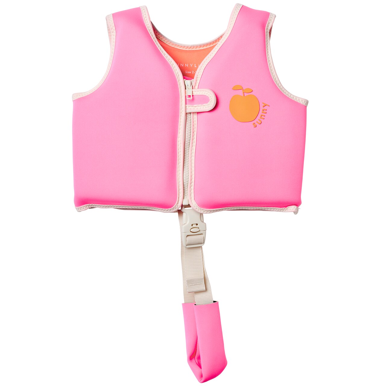 Sunnylife: Kids Float Vest 2-3 - Poppy the Peach - Neon Pink Fruit, Children Up To 42lbs, Pool & Water Jacket, Zip Front, Safety Strap, Natural Rubber